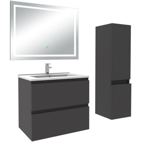 Biubiubath Ensemble meuble Salle de Bain 60cm simple vasque avec Colonne et Miroir LED 3 Couleurs Anthracite