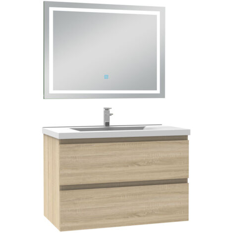Biubiubath Ensemble meuble Salle de Bain 80cm Chêne Naturel simple Vasque, avec Miroir Lumineux 3 Couleurs + Dimmable