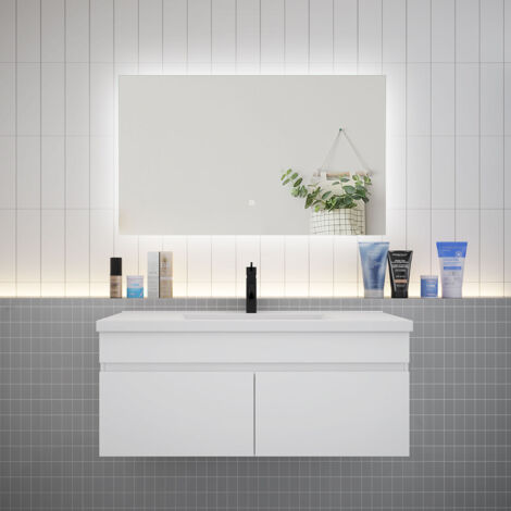 Biubiubath Ensemble meuble Salle de Bain Blanc avec vasque L.100cm + Miroir rétro-éclairage & Tricolore 100x60cm