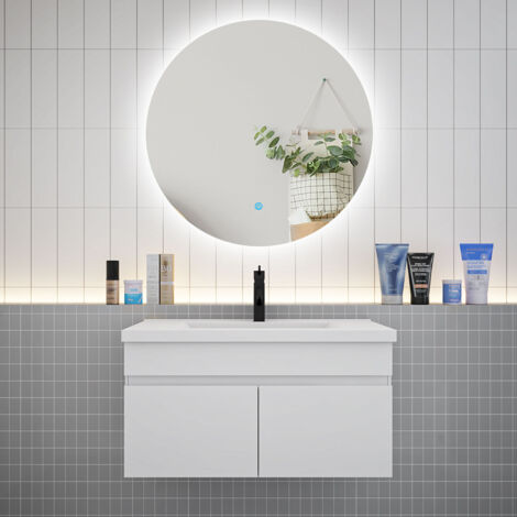 Biubiubath Ensemble meuble Salle de Bain L.80cm Blanc + vasque + Miroir rétro-éclairage & Tricolore 80cm