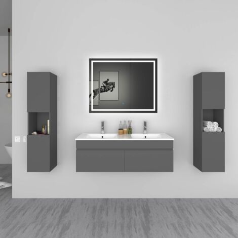 Biubiubath Ensemble meuble Salle de Bain vasque L.120cm Anthracite 2 Portes + 2 Colonne + Miroir LED 100 x 80 cm