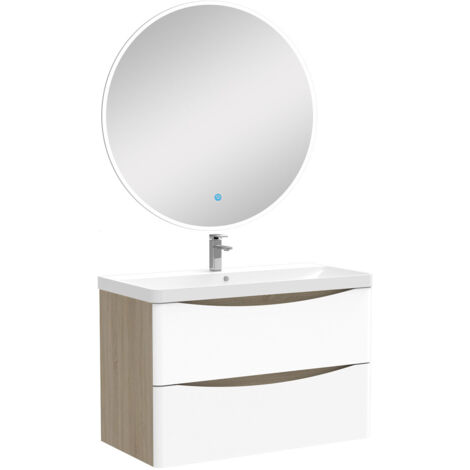 Biubiubath Ensemble meuble simple vasque 80cm avec Miroir Rond LED