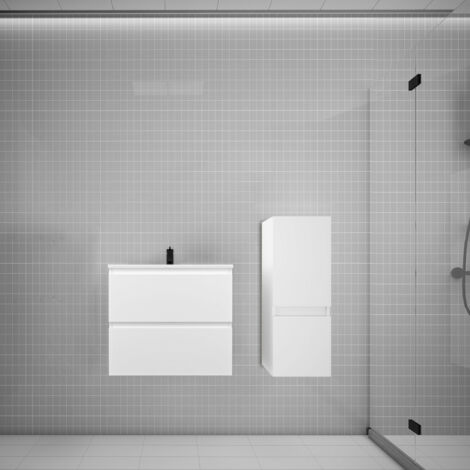 Biubiubath Ensemble meuble vasque L.60cm blanc 2 tiroirs + colonne + lavabo