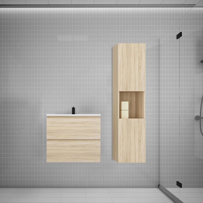 Biubiubath - Ensemble meuble vasque L.60cm chêne 2 tiroirs + lavabo + colonne
