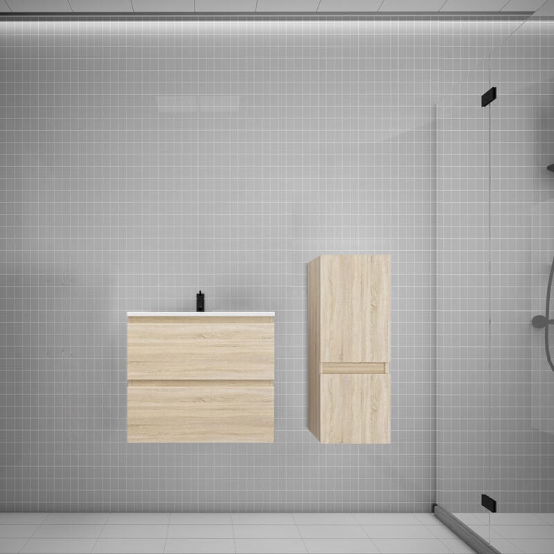 Biubiubath - Ensemble meuble vasque L.60cm chêne 2 tiroirs + colonne + lavabo