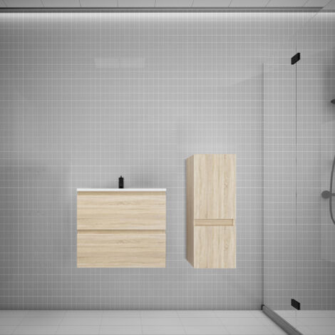 Biubiubath Ensemble meuble vasque L.60cm chêne 2 tiroirs + colonne + lavabo