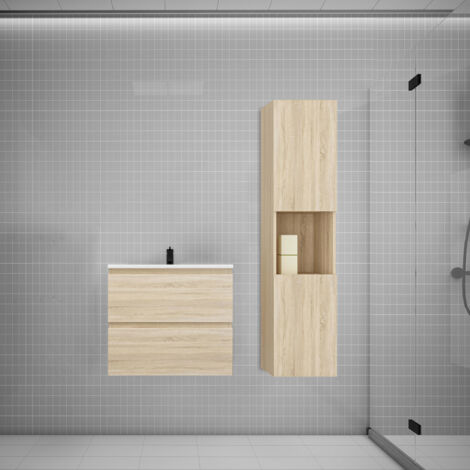 Biubiubath Ensemble meuble vasque L.60cm chêne 2 tiroirs + lavabo + colonne