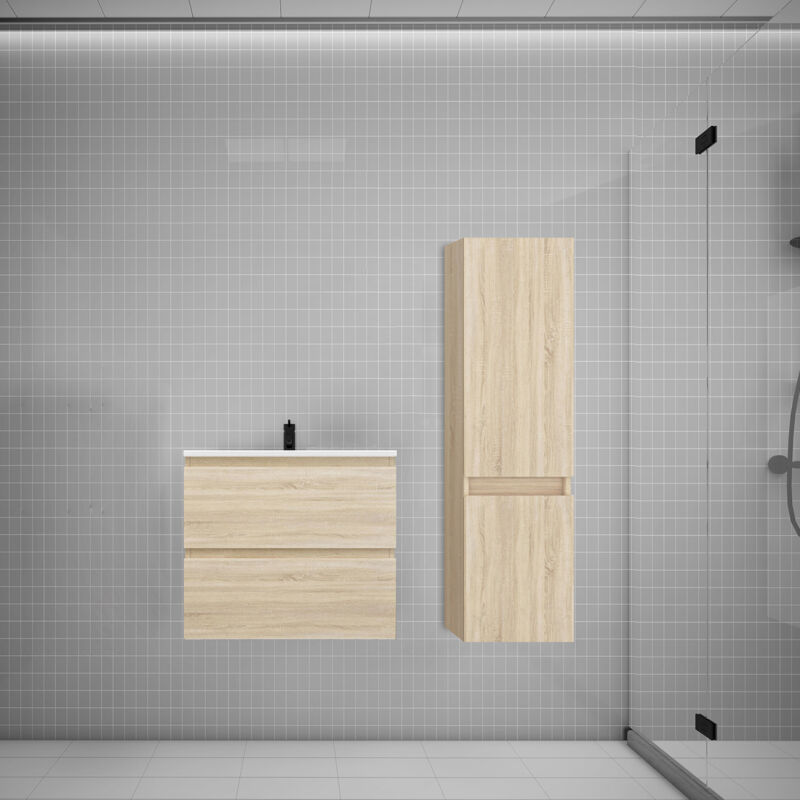 Biubiubath - Ensemble meuble vasque L.60cm chêne 2 tiroirs + lavabo + colonne easy