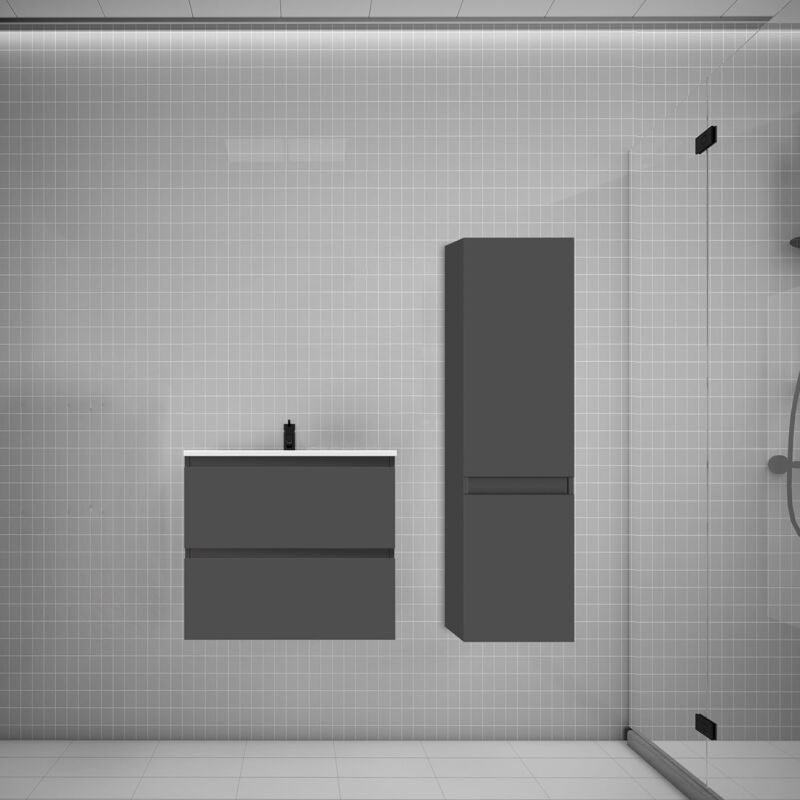 Biubiubath - Ensemble meuble vasque L.60cm anthracite 2 tiroirs + lavabo + colonne easy