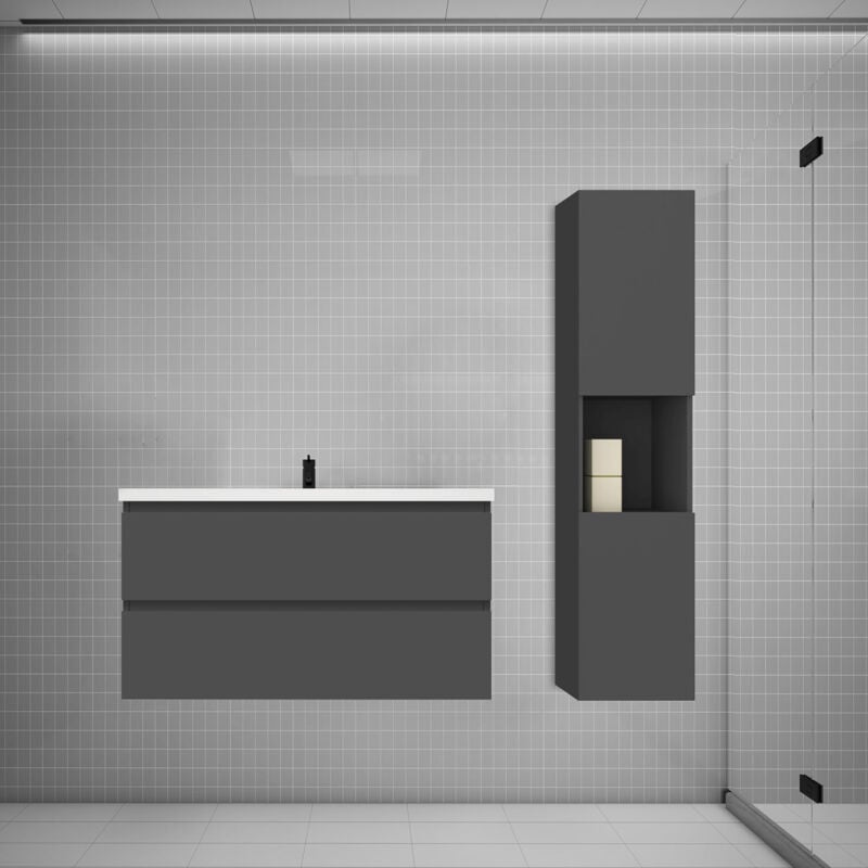 Biubiubath - Ensemble meuble vasque L.99cm anthracite 2 tiroirs + lavabo + colonne