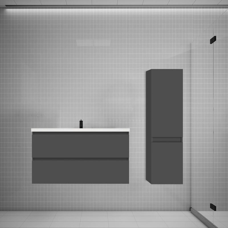 Biubiubath - Ensemble meuble vasque L.99cm anthracite 2 tiroirs + lavabo + colonne easy