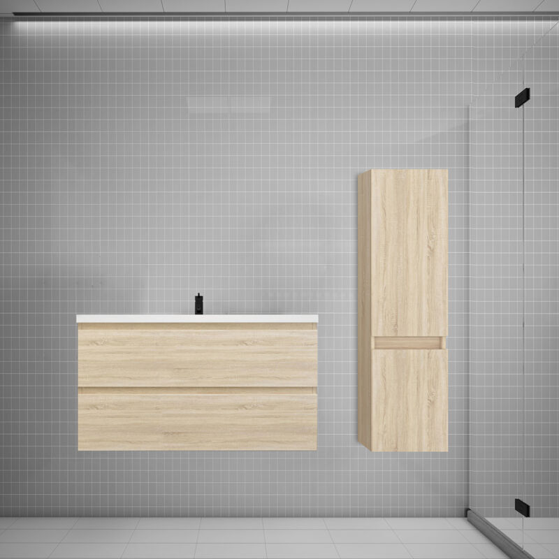 Biubiubath - Ensemble meuble vasque L.99cm chêne 2 tiroirs + lavabo + colonne easy