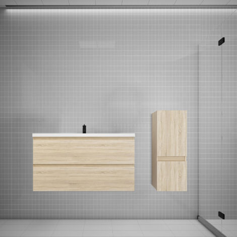 Biubiubath Ensemble meuble vasque L.99cm chêne 2 tiroirs + colonne + lavabo