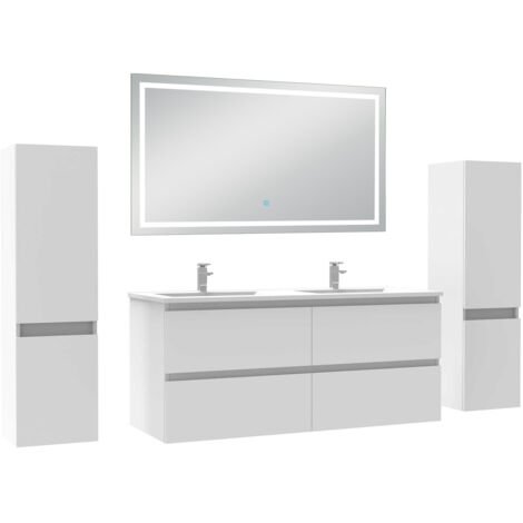 Biubiubath Ensemble meubles Salle de Bain 120cm avec Colonne + Miroir Lumineux +3 Couleurs, Blanc