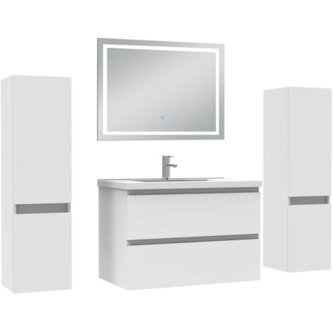 Biubiubath Ensemble meubles Salle de Bain 80cm avec Colonne + Miroir Lumineux +3 Couleurs, Blanc