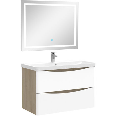 Biubiubath Ensemble meubles Salle de Bain 80cm simple vasque + Miroir LED