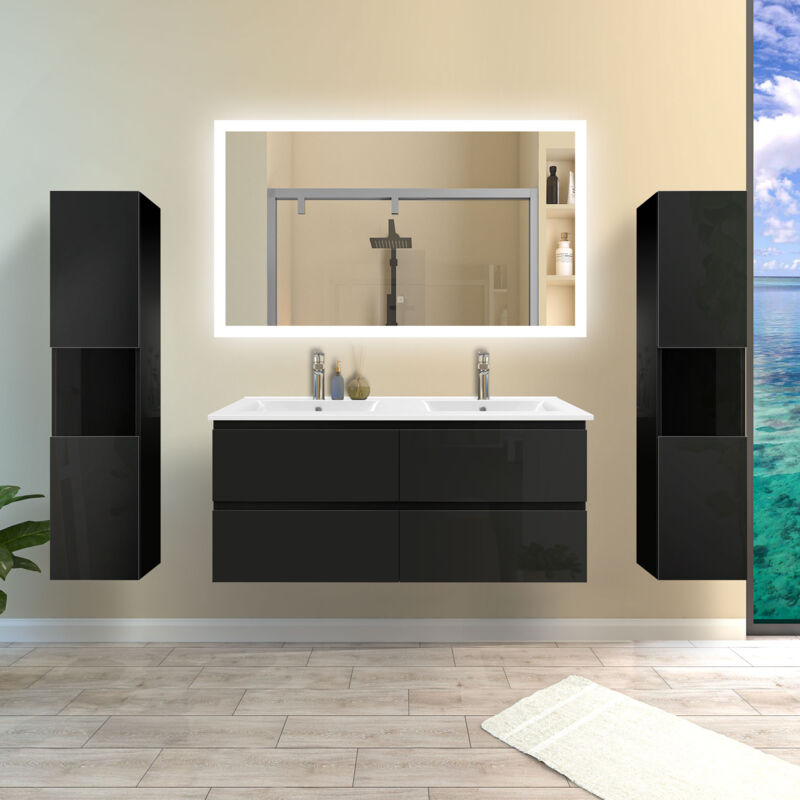 Biubiubath - Ensemble meubles salle de bain noir 120cm avec vasque+miroir LED+double colonne