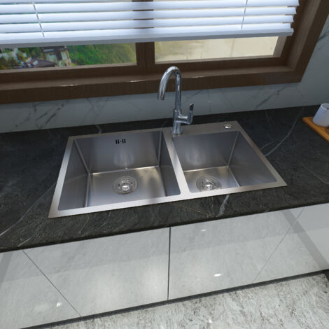 Biubiubath Evier de cuisine Argent 78x43x20cm 2 Bac en Inox avec montage en surface et montage encastré