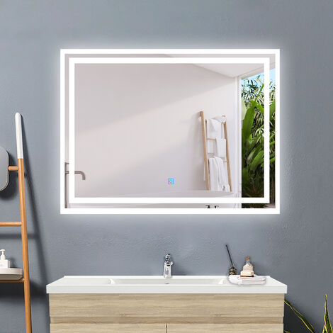 Biubiubath Illuminated Bathroom LED Mirror with 3 Lighting Modes 900x700mm Wall Mounted Bathroom Mirror with Demister Pad+Touch Switch