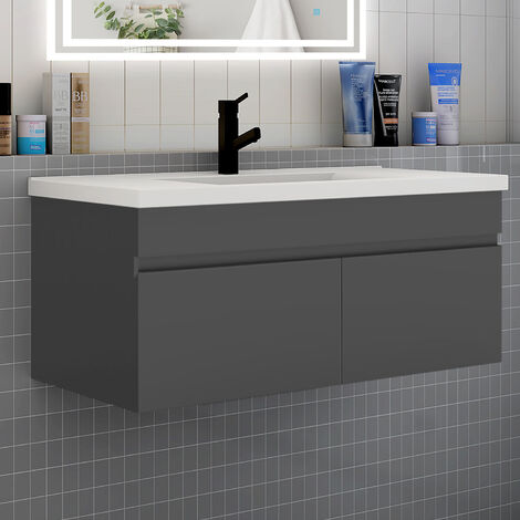 Biubiubath – Meuble de salle de bain 100 cm avec vasque suspendue – 2 portes – MDF anthracite – Dimensions 99x45x40 cm – Gain d'espace optimal