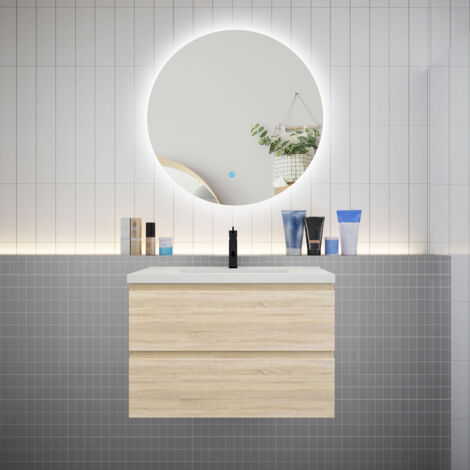 Biubiubath – Meuble de salle de bain suspendu 80cm – 2 tiroirs avec lavabo et miroir rond LED – MDF chêne – Système de fermeture douce