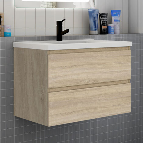 Biubiubath – Meuble suspendu de salle de bain 80 cm – Lavabo en marbre artificiel – 2 tiroirs avec fermeture amortie – MDF chêne – Montage facile