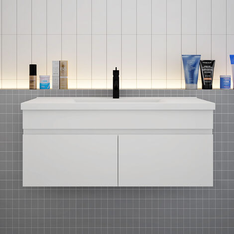 Biubiubath – Meuble suspendu salle de bain 100 cm – Vasque blanche 2 portes – Drainage efficace – Installation simplifiée – Dimensions 440x110mm