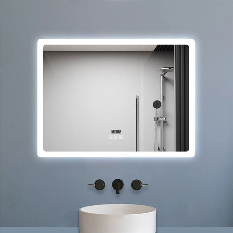 Biubiubath Miroir Bluetooth 70x50 cm, tricolore + horloge + mémoire + dimmable + anti-buée, miroir LED étanche IP44