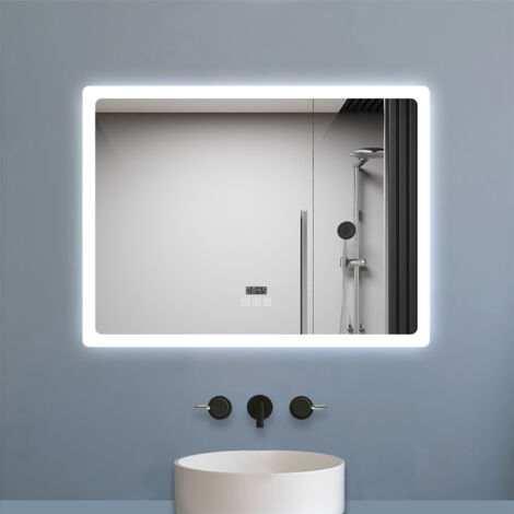 Biubiubath Miroir Bluetooth 80x60 cm, tricolore + horloge + Mémoire + Dimmable + Anti-Buée, miroir LED étanche CE IP44