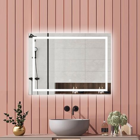 Biubiubath Miroir de salle de bain 100x60cm Miroir Lumineux Tricolore + Dimmable + Mémoire + Anti-Buée, CE IP44