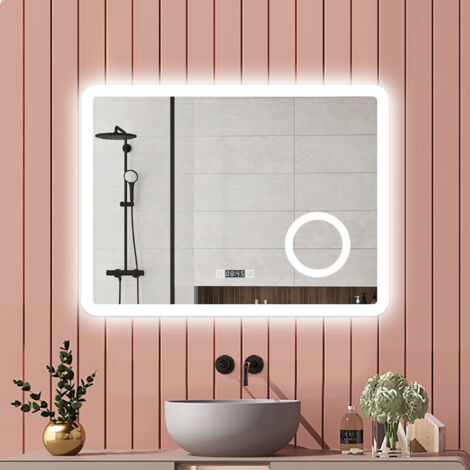 Biubiubath Miroir de salle de bain 100x60cm Tricolore + Dimmable + Horloge + Anti-Buée