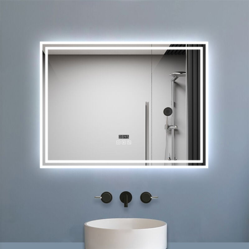 Biubiubath - Miroir de salle de bain Bluetooth 80x60 cm, tricolore + horloge + mémoire + dimmable + anti-buée, IP44 Miroir led