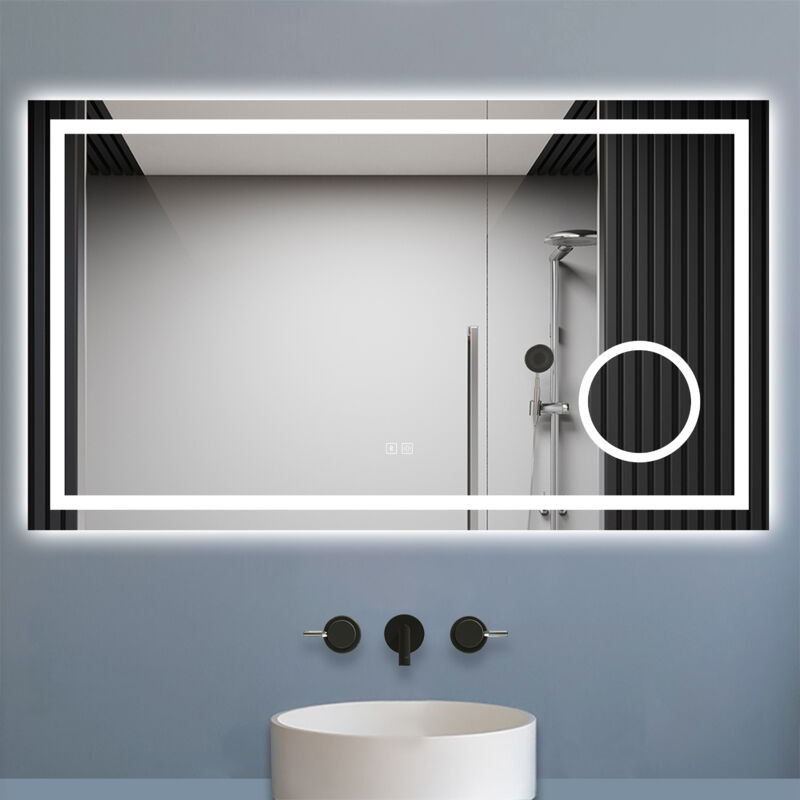 Biubiubath - Miroir de salle de bain Bluetooth 120x70 cm, led tricolore + loupe + mémoire + dimmable + anti-buée, IP44