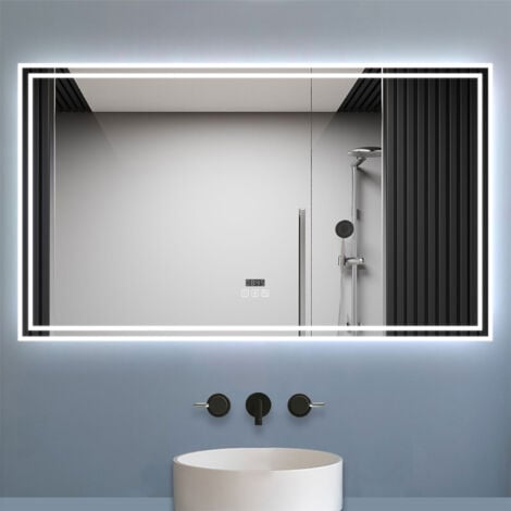 Biubiubath Miroir de salle de bain Bluetooth 140x80 cm, tricolore + horloge + mémoire + dimmable + anti-buée, IP44 Miroir LED