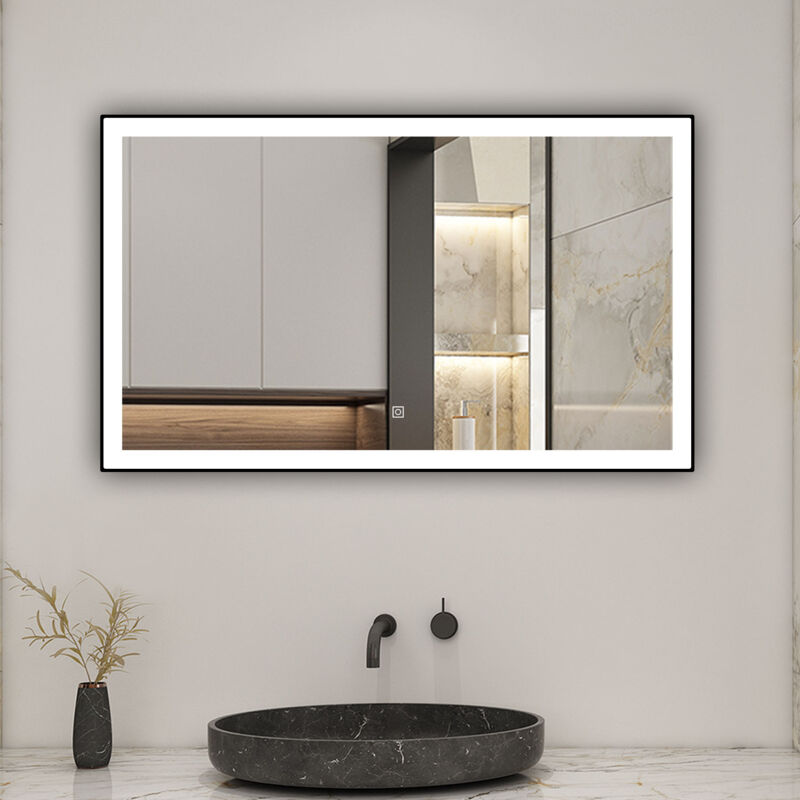 Biubiubath Miroir de salle de bain LED 100x60cm avec cadre noir à angle droit, 3 couleurs + anti-buée + mémoire + gradation infinie