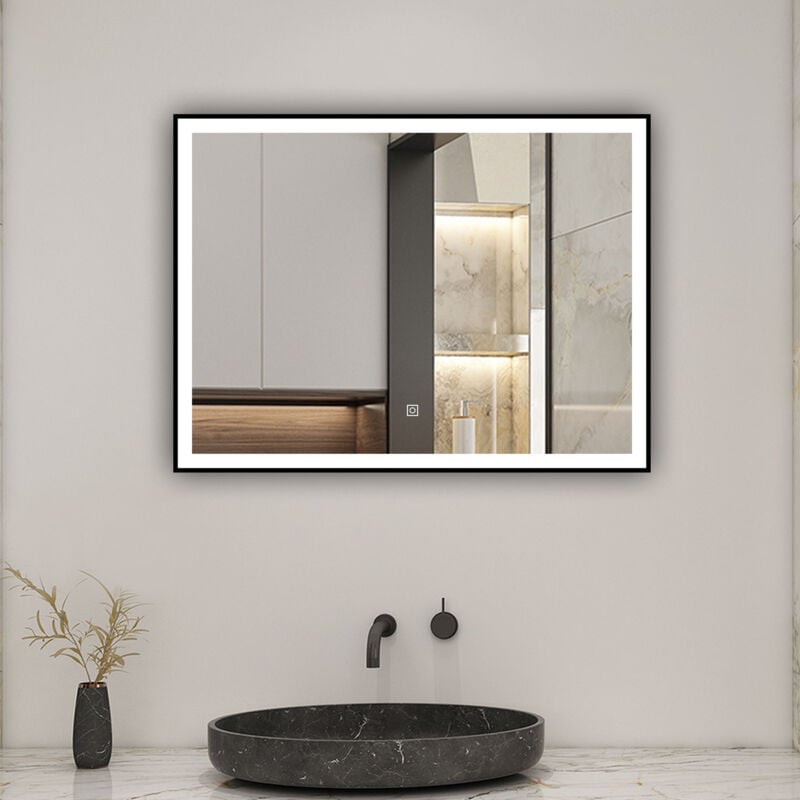 Biubiubath - Miroir de salle de bain led 70x50cm avec cadre noir à angle droit, 3 couleurs + anti-buée + mémoire + gradation infinie
