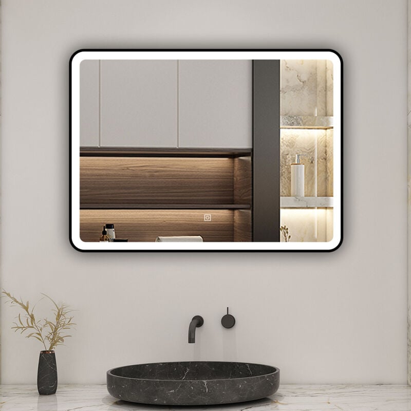 Biubiubath - miroir de salle de bain led 70x50cm avec cadre noir, tricolore + anti-buée + mémoire + gradation infinie
