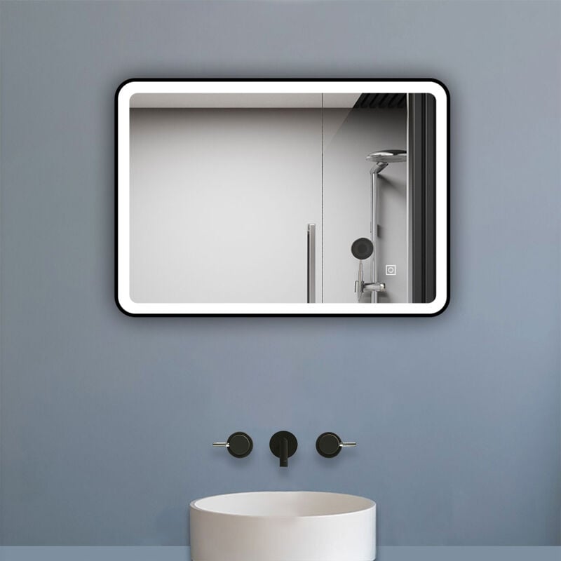 Biubiubath - Miroir de salle de bain led 70x50cm avec cadre noir, tricolore + anti-buée + mémoire + gradation infinie