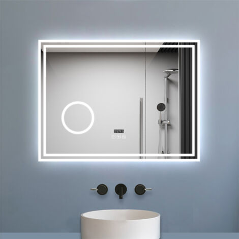 Biubiubath Miroir de salle de bain LED 100x60cm Tricolor anti-buée avec bluetooth simple, horloge et miroir grossissant 3x