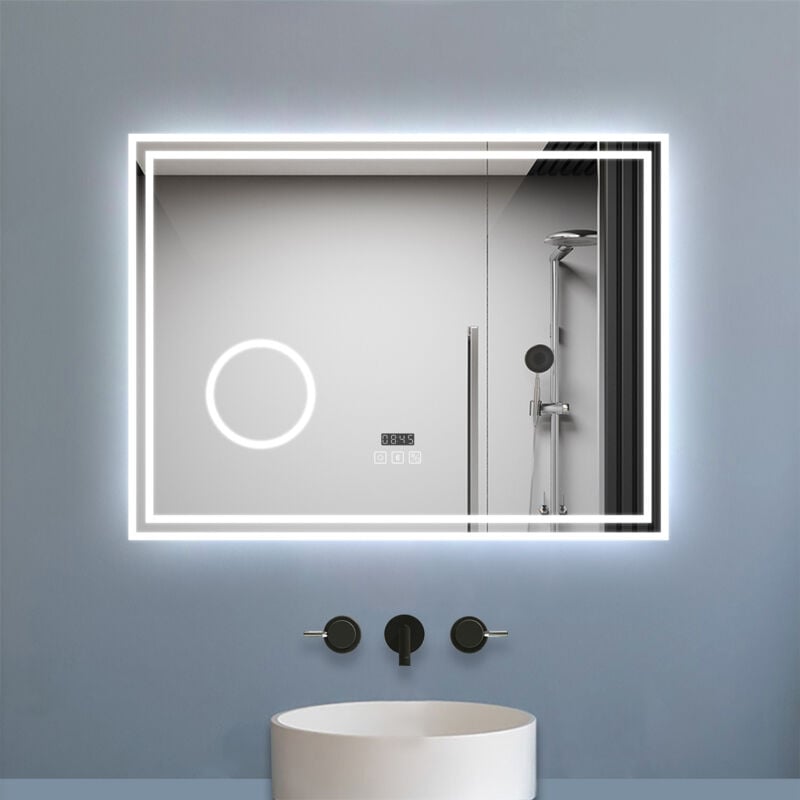 Biubiubath - Miroir de salle de bain led 80x60cm Tricolor anti-buée avec bluetooth simple, horloge et miroir grossissant 3x