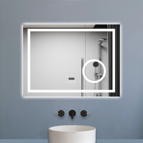 Biubiubath Miroir de salle de bain LED 80x60cm tricolore anti-buée + loupe + bluetooth + horloge + mémoire + dimmable