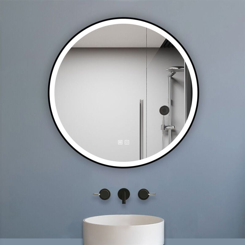Biubiubath Miroir de salle de bain LED rond 80cm avec cadre noir, tricolore + anti-buée + mémoire + gradation infinie