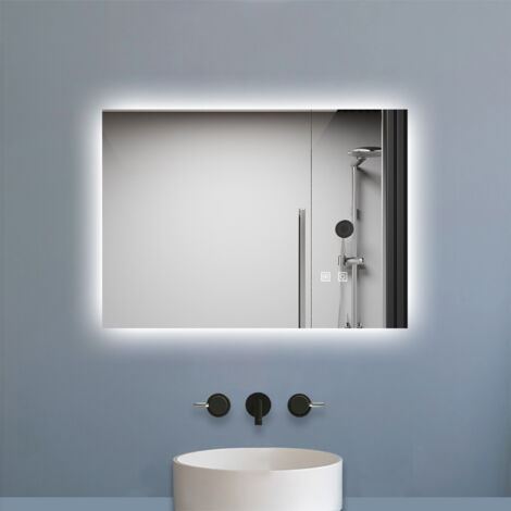 Biubiubath Miroir de salle de bain rétro-éclairé sans cadre 70x50cm, Tricolore + Anti-Buée + Mémoire + Dimmable