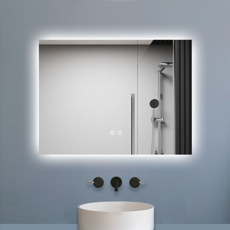 Biubiubath - Miroir de salle de bain rétro-éclairé sans cadre 90x70cm, Tricolore + Anti-buée + Mémoire + Dimmable