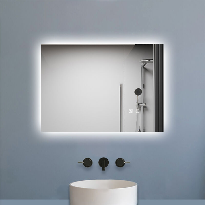 Biubiubath - Miroir de salle de bain rétro-éclairé sans cadre 70x50cm, Tricolore + Anti-buée + Mémoire + Dimmable