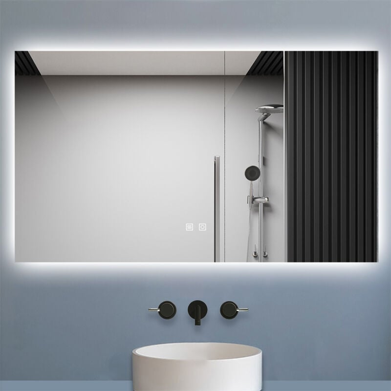 Biubiubath - Miroir de salle de bain rétro-éclairé sans cadre 120x70cm, Tricolore + Anti-buée + Mémoire + Dimmable