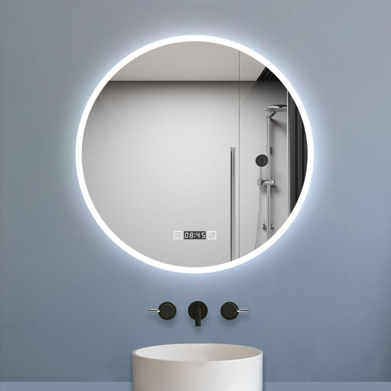 Biubiubath - Miroir de salle de bain rond 70x70cm avec Horloge, led, Tricolore, Anti-Buée