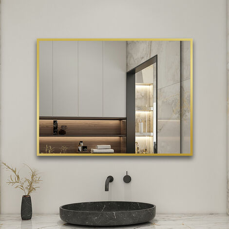 Biubiubath – Miroir lumineux de salle de bain 80x60cm – Cadre carré en aluminium doré mat – IP44, CE – Pour salles de bain et toilettes invitées
