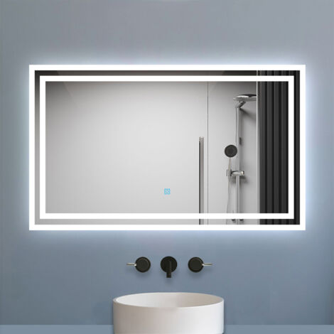 Biubiubath Miroir lumineux dimmable, 100x60cm, avec mémoire, salle de bain anti-buée, 6000k blanc froid, IP44