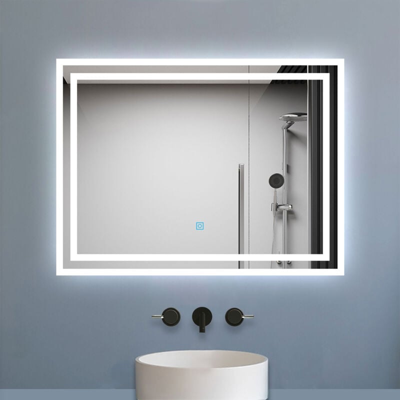 Biubiubath - Miroir lumineux dimmable, 70x50cm, avec mémoire, salle de bain anti-buée, 6000k blanc froid, IP44